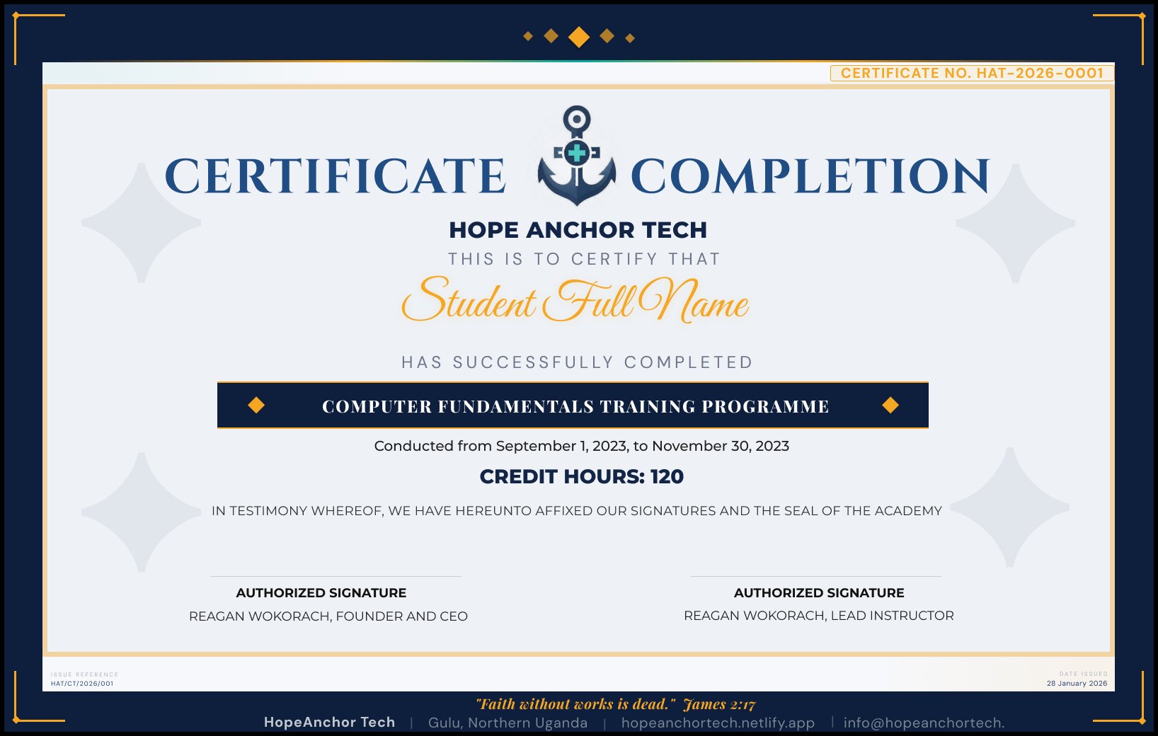 Hope Anchor Tech Certificate of Completion sample
